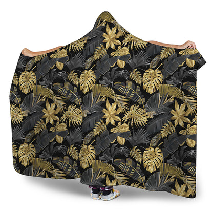 Black And Gold Tropical Pattern Print Hooded Blanket