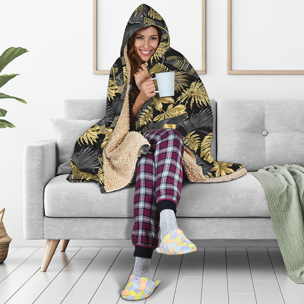 Black And Gold Tropical Pattern Print Hooded Blanket