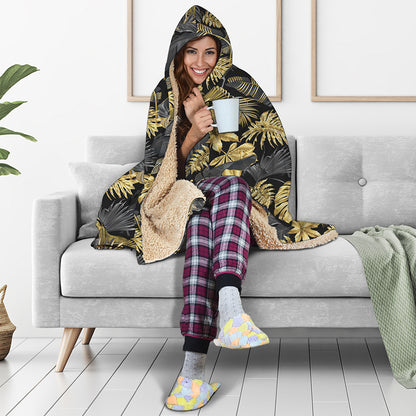 Black And Gold Tropical Pattern Print Hooded Blanket
