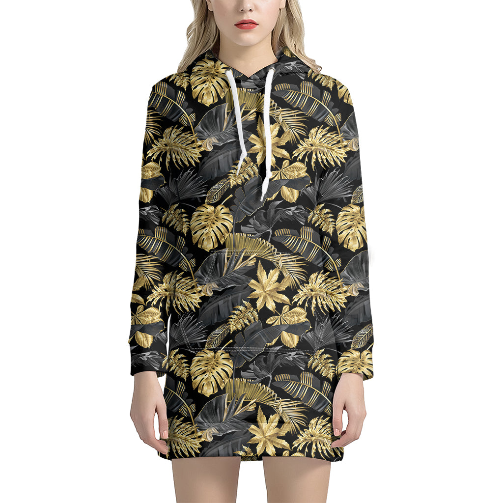Black And Gold Tropical Pattern Print Hoodie Dress
