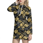 Black And Gold Tropical Pattern Print Hoodie Dress