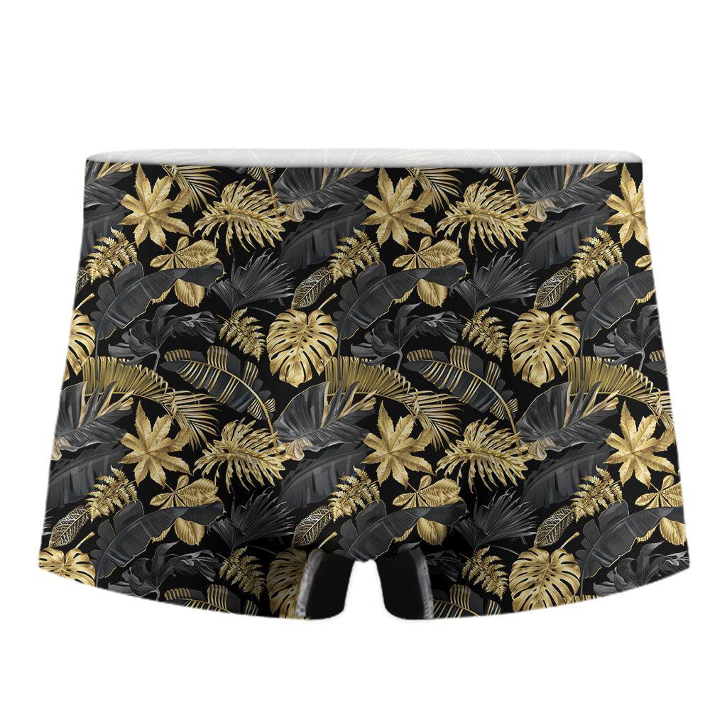 Black And Gold Tropical Pattern Print Men's Boxer Briefs