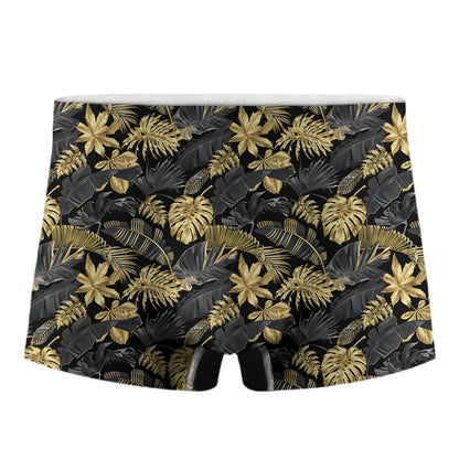Black And Gold Tropical Pattern Print Men's Boxer Briefs