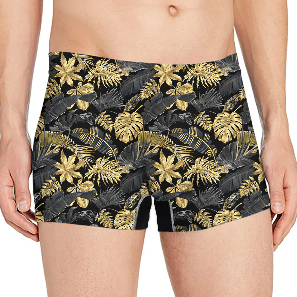 Black And Gold Tropical Pattern Print Men's Boxer Briefs