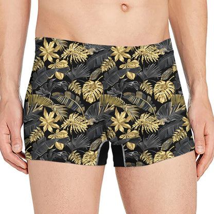 Black And Gold Tropical Pattern Print Men's Boxer Briefs