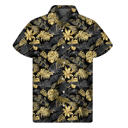 Black And Gold Tropical Pattern Print Men's Short Sleeve Shirt