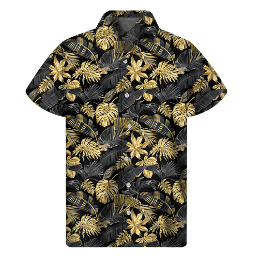 Black And Gold Tropical Pattern Print Men's Short Sleeve Shirt