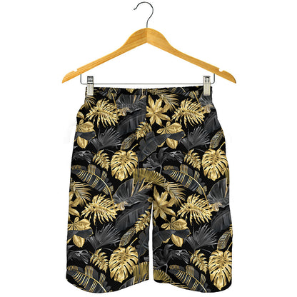 Black And Gold Tropical Pattern Print Men's Shorts