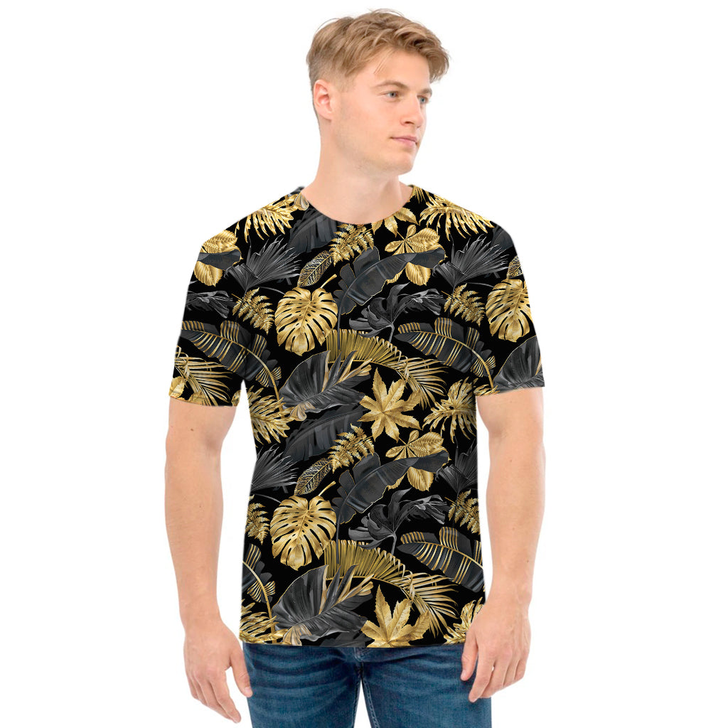 Black And Gold Tropical Pattern Print Men's T-Shirt
