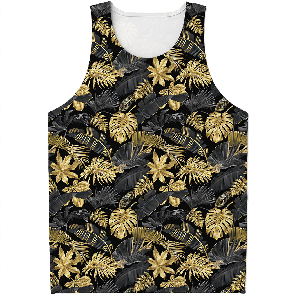 Black And Gold Tropical Pattern Print Men's Tank Top