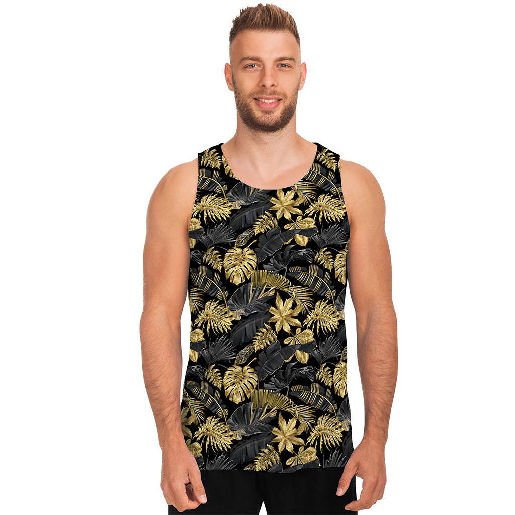 Black And Gold Tropical Pattern Print Men's Tank Top