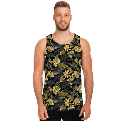 Black And Gold Tropical Pattern Print Men's Tank Top