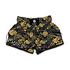 Black And Gold Tropical Pattern Print Muay Thai Boxing Shorts