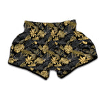 Black And Gold Tropical Pattern Print Muay Thai Boxing Shorts