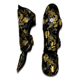 Black And Gold Tropical Pattern Print Muay Thai Shin Guard