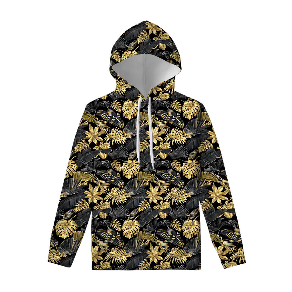 Black And Gold Tropical Pattern Print Pullover Hoodie