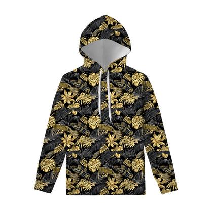 Black And Gold Tropical Pattern Print Pullover Hoodie