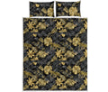 Black And Gold Tropical Pattern Print Quilt Bed Set