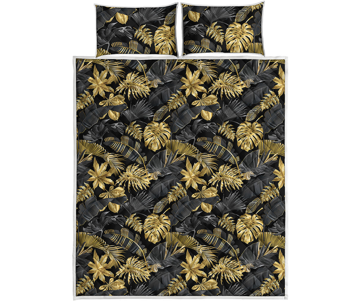 Black And Gold Tropical Pattern Print Quilt Bed Set