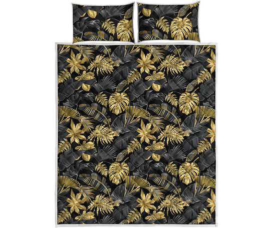 Black And Gold Tropical Pattern Print Quilt Bed Set
