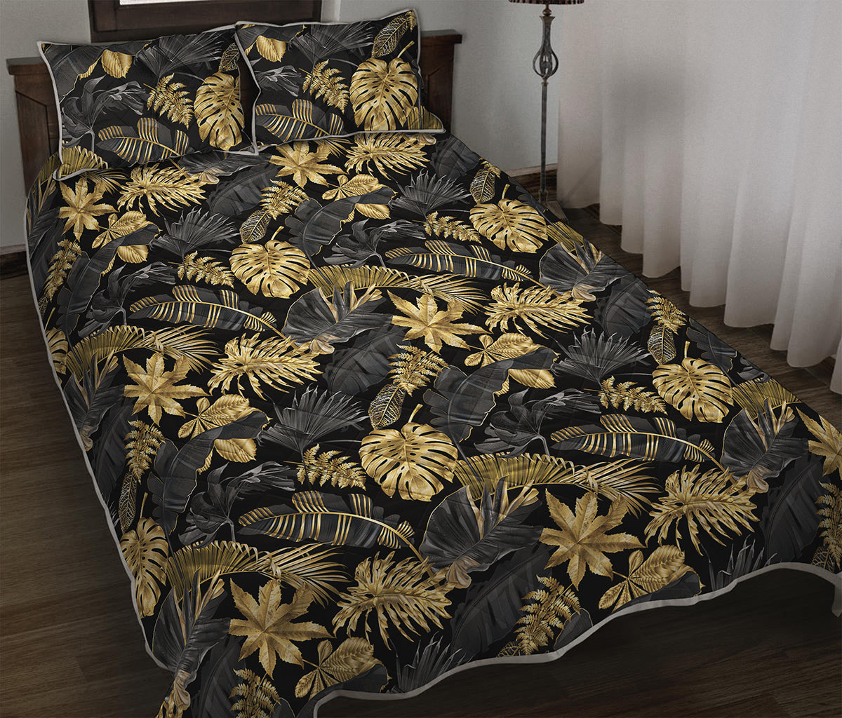Black And Gold Tropical Pattern Print Quilt Bed Set