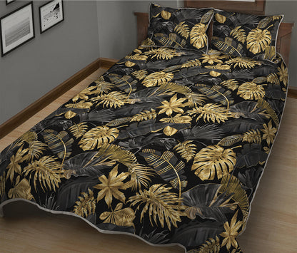 Black And Gold Tropical Pattern Print Quilt Bed Set