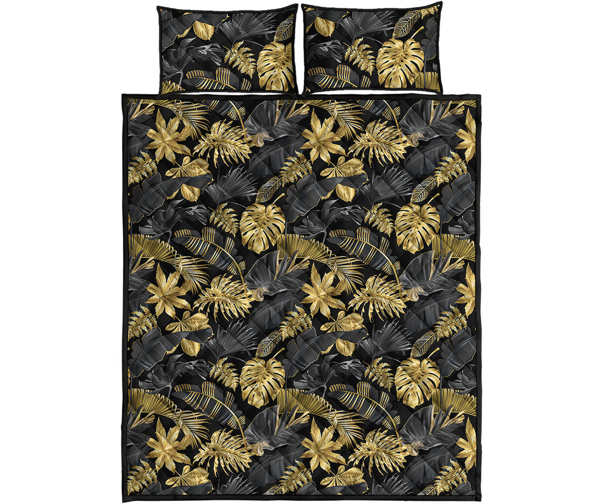 Black And Gold Tropical Pattern Print Quilt Bed Set