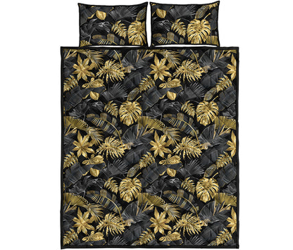 Black And Gold Tropical Pattern Print Quilt Bed Set