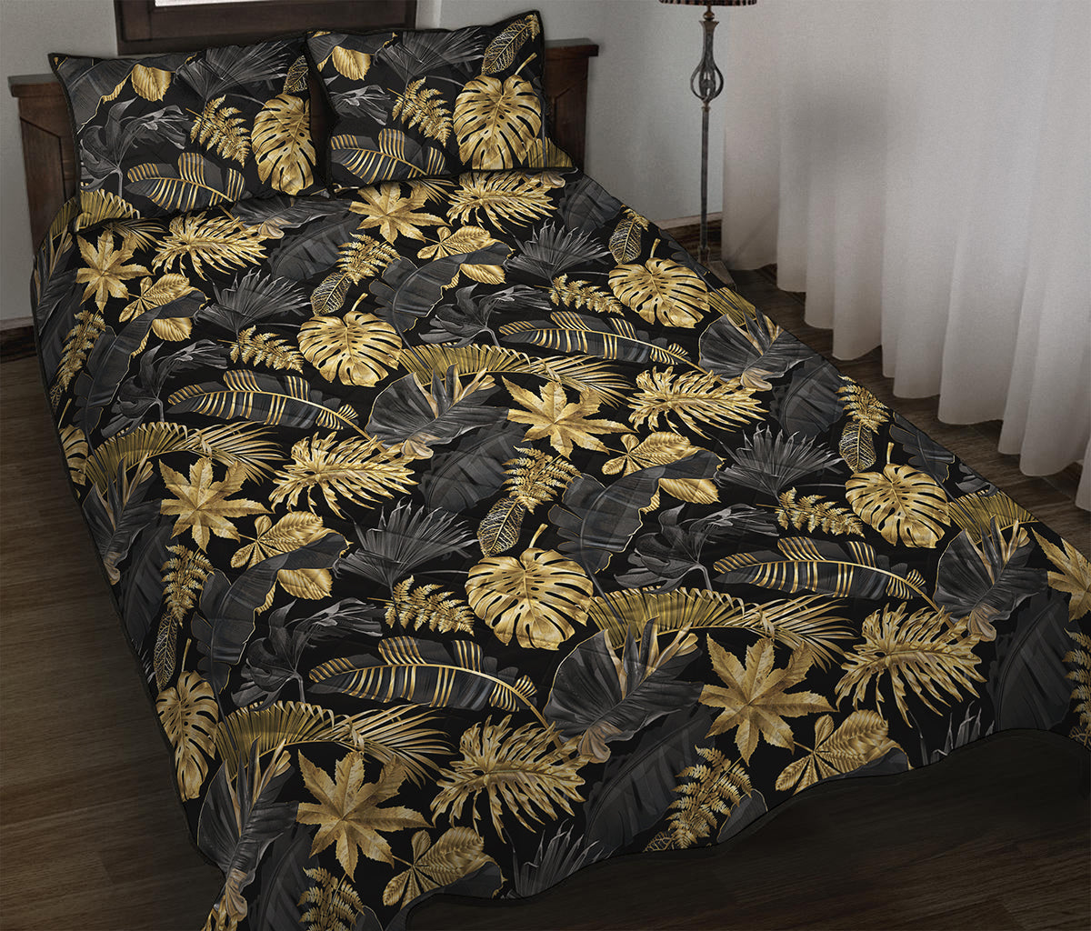 Black And Gold Tropical Pattern Print Quilt Bed Set