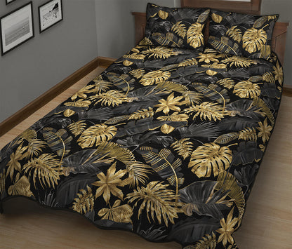 Black And Gold Tropical Pattern Print Quilt Bed Set