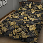 Black And Gold Tropical Pattern Print Quilt Bed Set