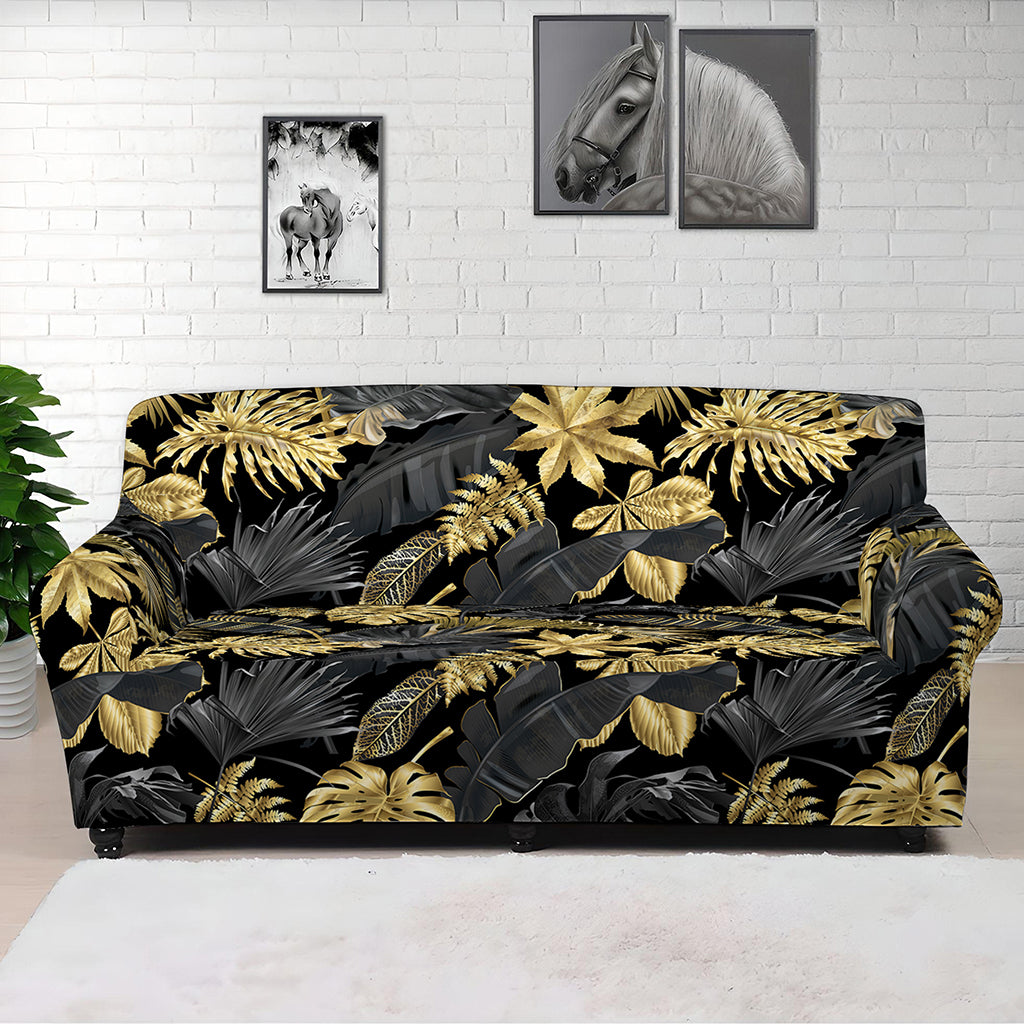 Black And Gold Tropical Pattern Print Sofa Cover