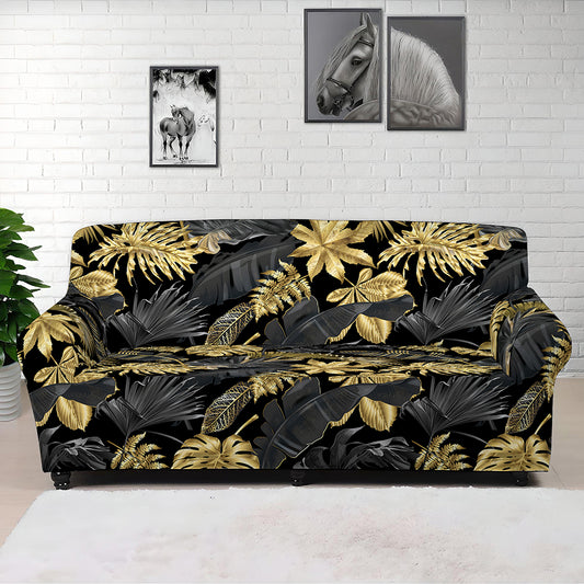 Black And Gold Tropical Pattern Print Sofa Cover