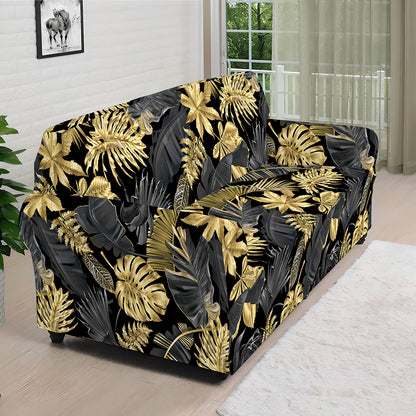Black And Gold Tropical Pattern Print Sofa Cover