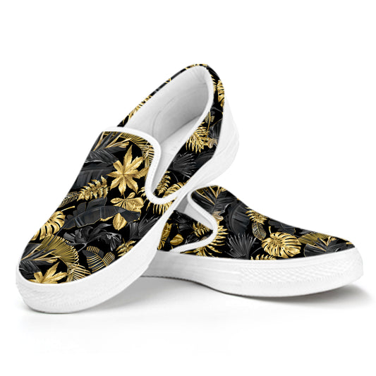 Black And Gold Tropical Pattern Print White Slip On Shoes