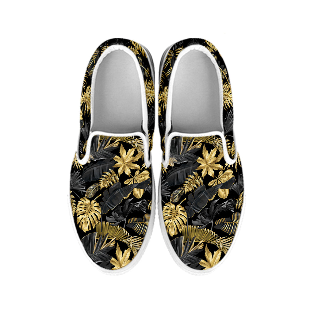 Black And Gold Tropical Pattern Print White Slip On Shoes
