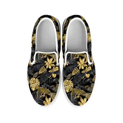 Black And Gold Tropical Pattern Print White Slip On Shoes
