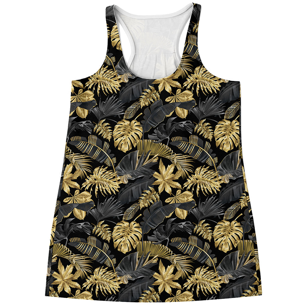 Black And Gold Tropical Pattern Print Women's Racerback Tank Top