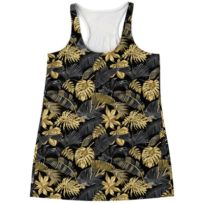 Black And Gold Tropical Pattern Print Women's Racerback Tank Top