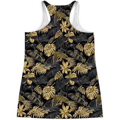 Black And Gold Tropical Pattern Print Women's Racerback Tank Top