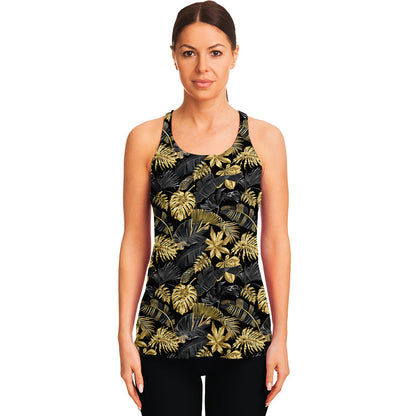 Black And Gold Tropical Pattern Print Women's Racerback Tank Top