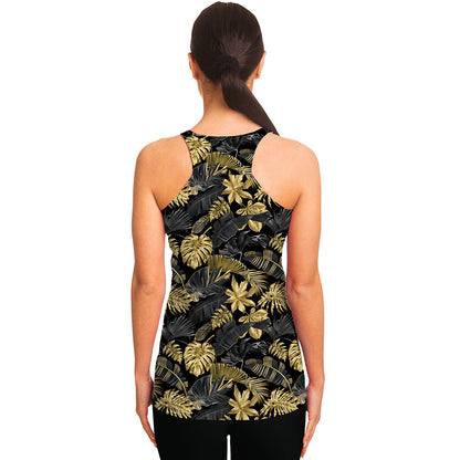 Black And Gold Tropical Pattern Print Women's Racerback Tank Top