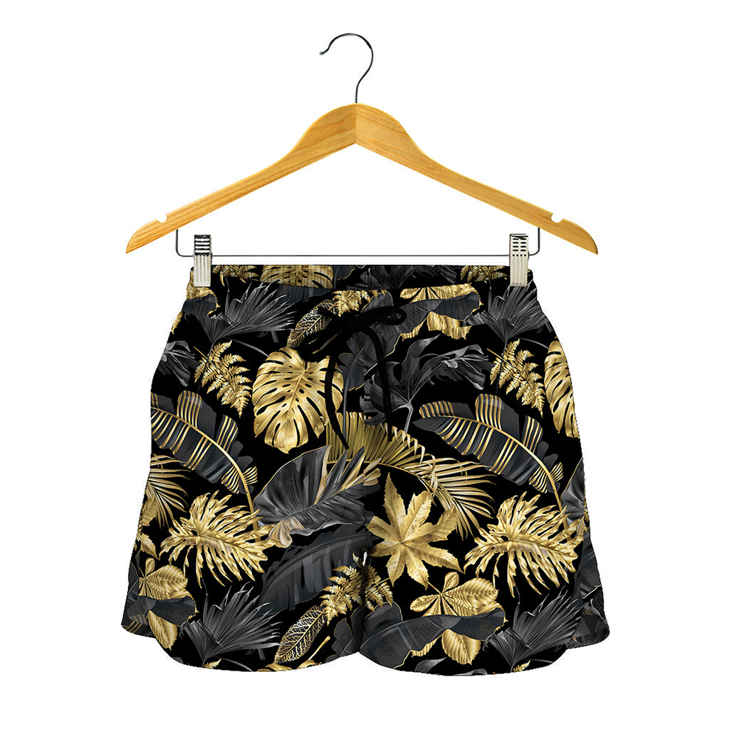Black And Gold Tropical Pattern Print Women's Shorts