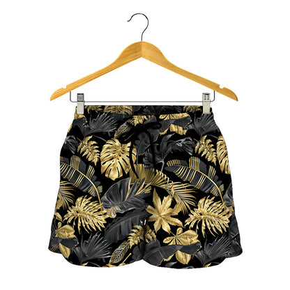 Black And Gold Tropical Pattern Print Women's Shorts