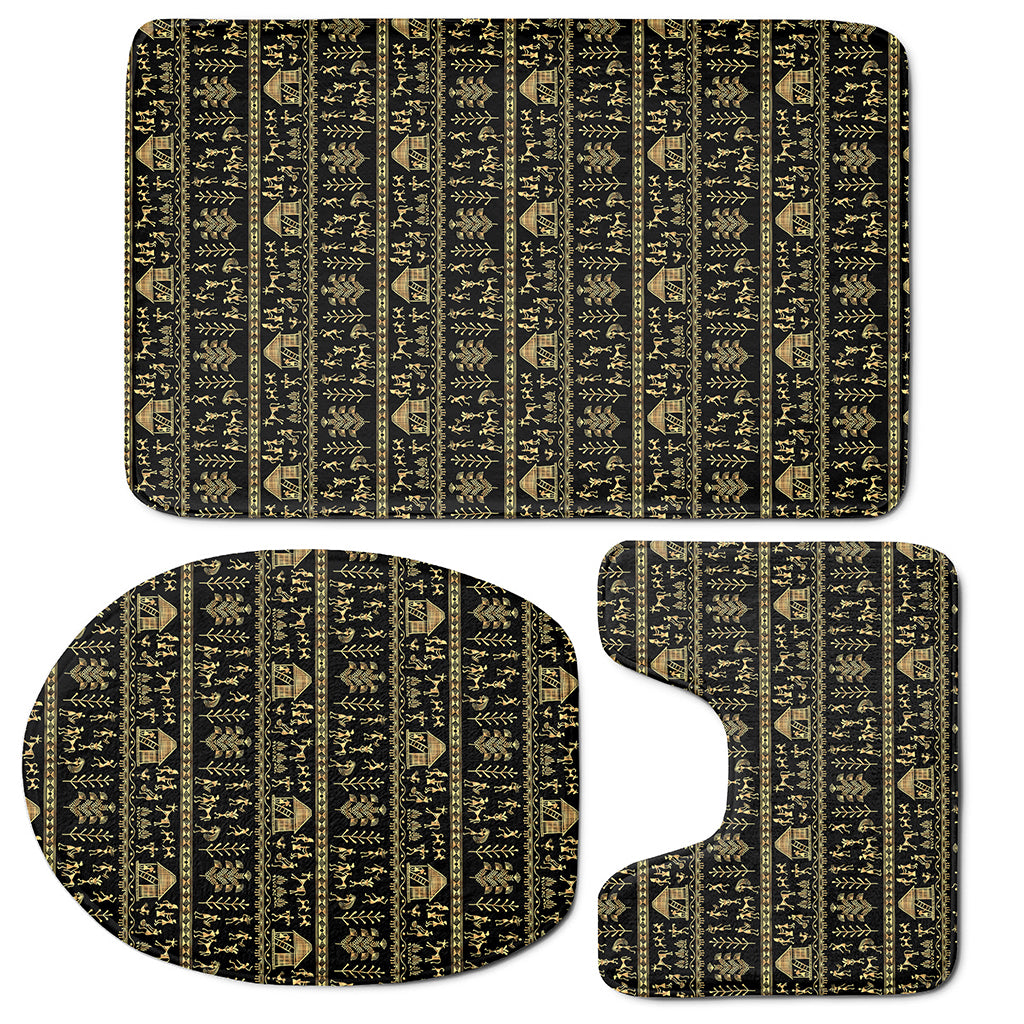 Black And Gold Warli Pattern Print 3 Piece Bath Mat Set