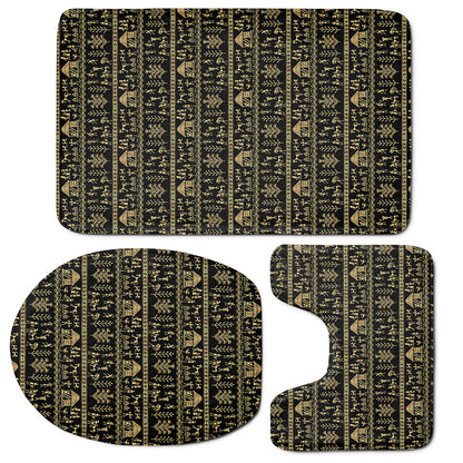 Black And Gold Warli Pattern Print 3 Piece Bath Mat Set