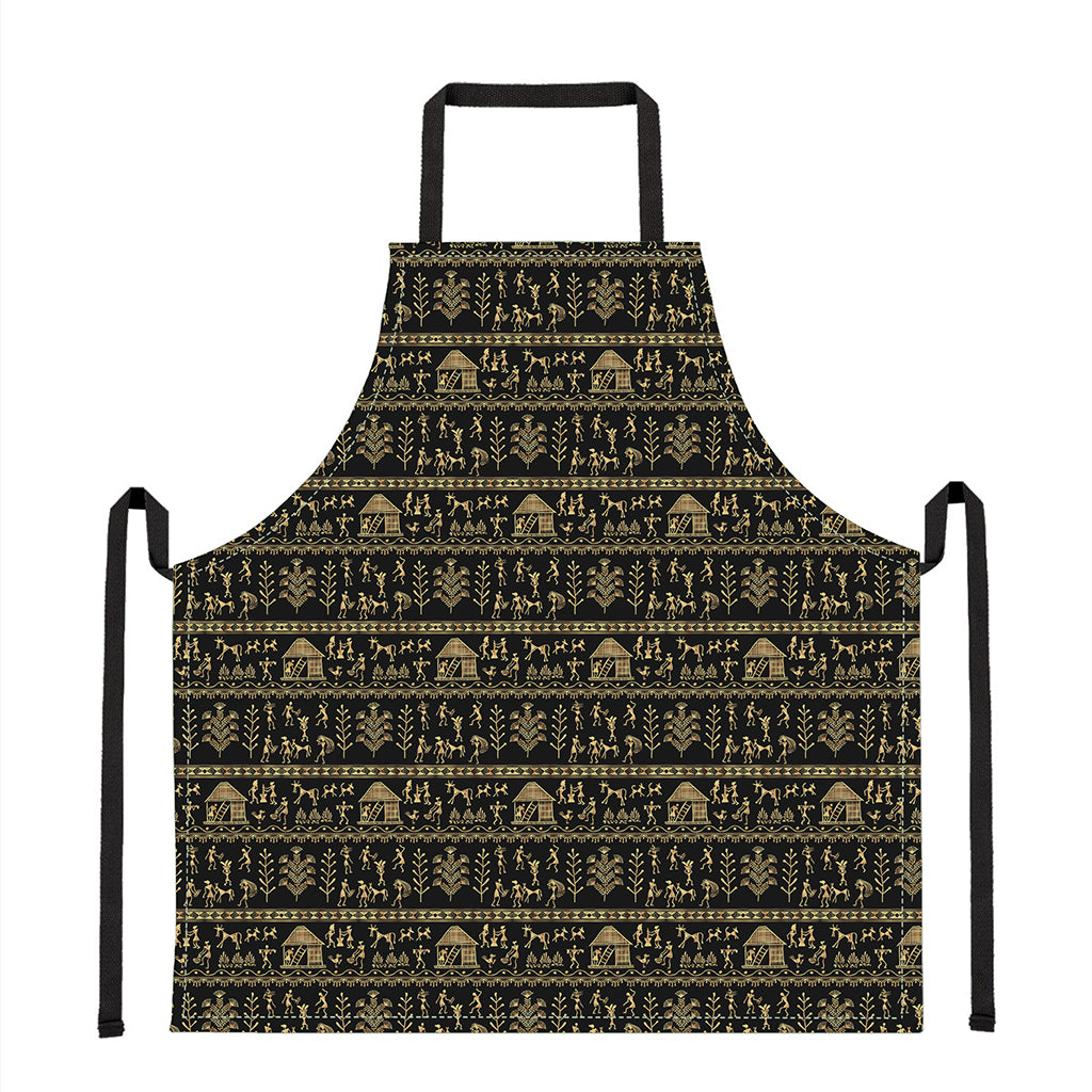 Black And Gold Warli Pattern Print Apron