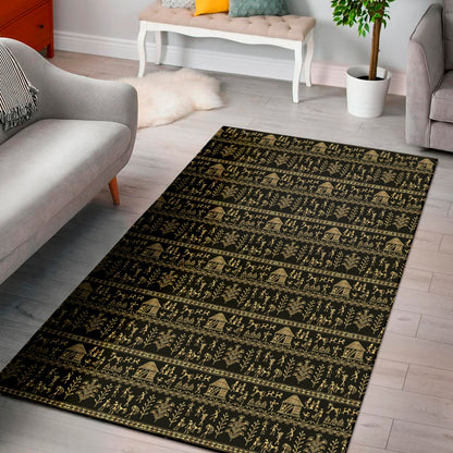 Black And Gold Warli Pattern Print Area Rug