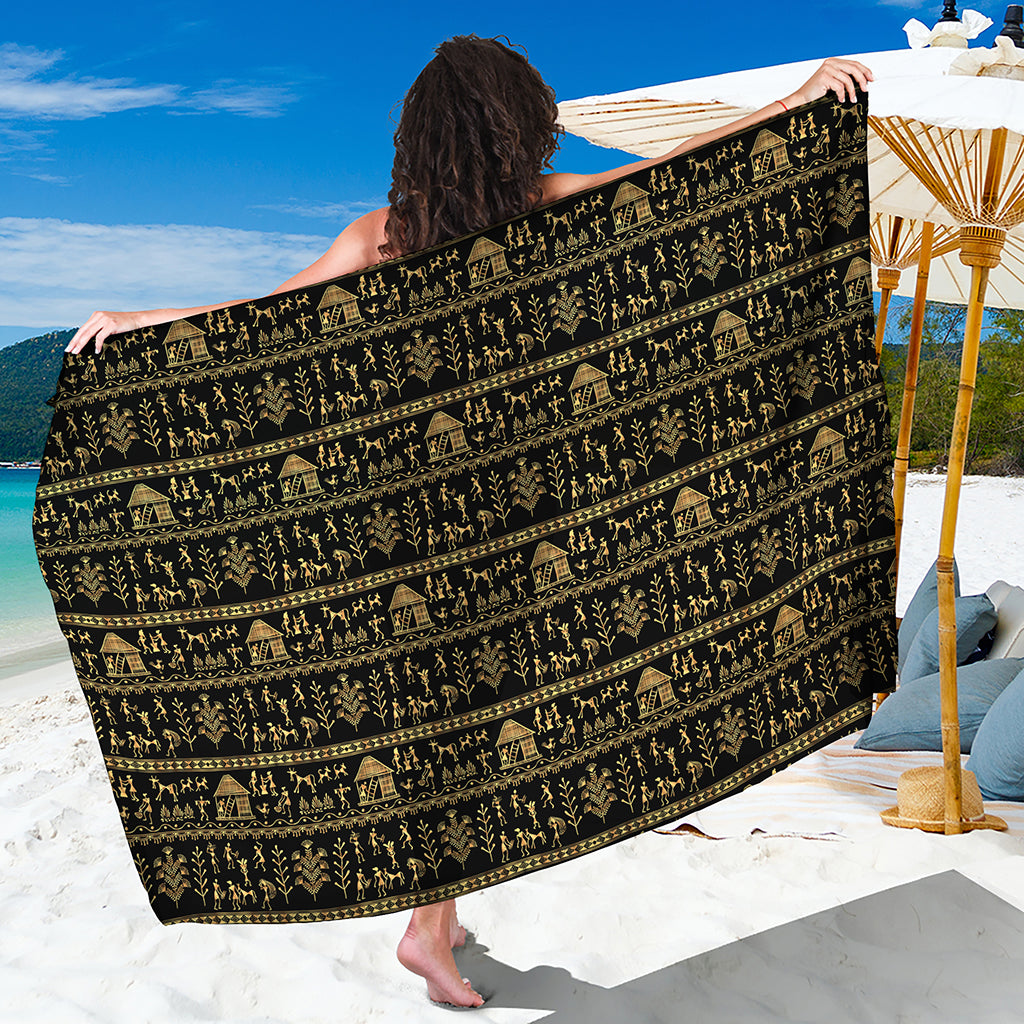 Black And Gold Warli Pattern Print Beach Sarong Wrap