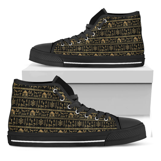 Black And Gold Warli Pattern Print Black High Top Shoes